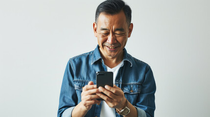 Man smiling and looking at his smartphone, which he holds in his hands.