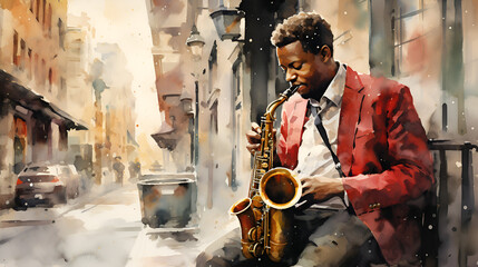 Saxophonist musician playing jazz person in the street - obrazy, fototapety, plakaty