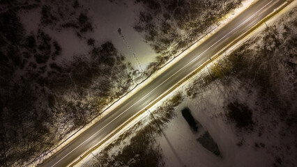 Drone photography of roadway during winter night