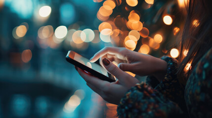 Person's hands are seen holding a smartphone, with a focus on the screen and fingers, against a backdrop of warm bokeh lights - obrazy, fototapety, plakaty