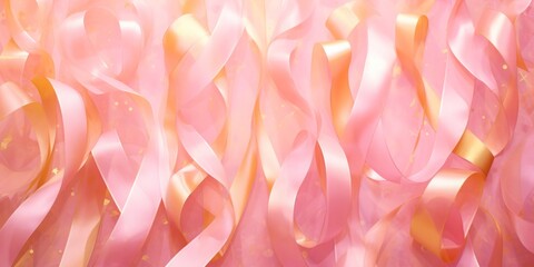 pink ribbons, golden streamers on peach fuzz background, top view. playful shapes, vibrant stage...