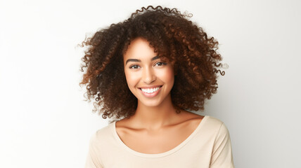 Beautiful woman beauty and skincare face portrait for natural afro, facial or hair care cosmetics. Healthy, beautiful and assertive model with curly hair shine and texture in studio.
