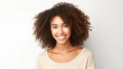 Fotobehang Beautiful woman beauty and skincare face portrait for natural afro, facial or hair care cosmetics. Healthy, beautiful and assertive model with curly hair shine and texture in studio.  © BlazingDesigns