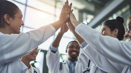 Group of medical professionals in scrubs and white coats, putting their hands together in a unified gesture