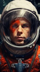 Male astronaut in a helmet close-up before a flight into space, thoughtful smart face of a brave man, space exploration - obrazy, fototapety, plakaty