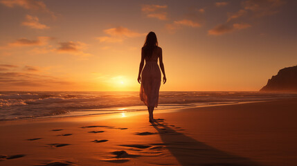 Fototapeta na wymiar Woman walking on the beach at sunrise