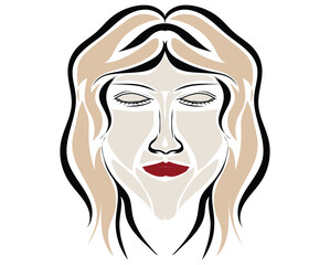 abstract art illustration vector design of a woman's face with light brown and gray hair and dark red lips where her face looks like a puzzle put together one by one