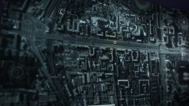 Navigation control system is streaming the feed from a drone camera. Navigation control drone is scouting the territory. Navigation control system has located the target using the modern drone. UI.