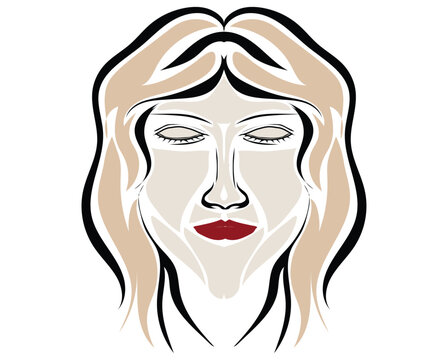 abstract art illustration vector design of a woman's face with light brown and gray hair and dark red lips where her face looks like a puzzle put together one by one