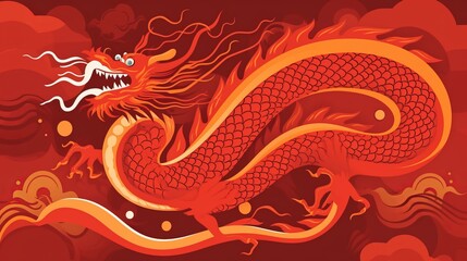Chinese dragon on red background, flat modern art style. Elegant greetings card design