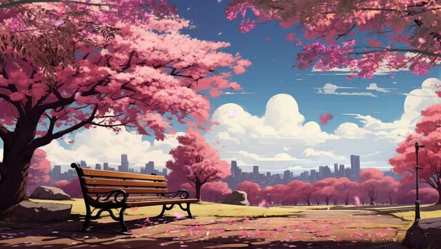 Spring scenery. Spring forest path. pink sakura color tree, benches in a city park with beautiful view. Nature scene in sunset. Cartoon or anime illustration video style background 