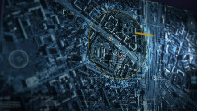 Analyzing Detailed City Map In Modern Tracking Software To Detect Targets. Spy Technologies On Earth. Watching Over Threats Around Earth. Surveillance Over Different Places On Earth.
