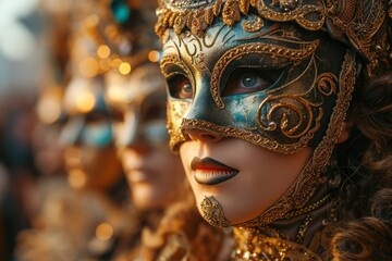 people in masquerade carnival mask at Venice Carnival. participants in festive costumes. fantasy-inspired art.