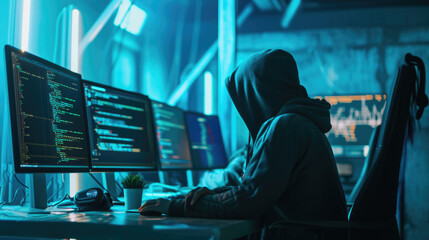 Fototapeta premium Individual in a hoodie sitting in front of multiple computer monitors displaying various data visualizations and global network map