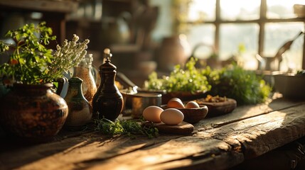 breakfast eggs and herbs, macro shot, vintage farm table, fresh morning, local farm. - obrazy, fototapety, plakaty