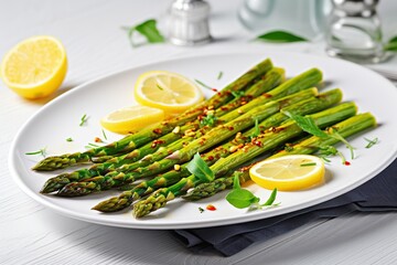 Baked asparagus with spices and lemon slices on wooden background