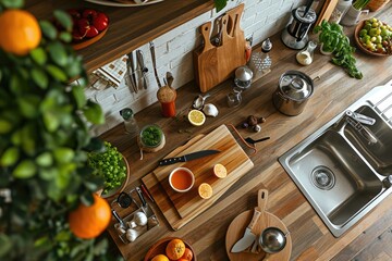 A vibrant still life of kitchen essentials, featuring a sharp knife and cutting board surrounded by fresh fruits and vegetables, including bright oranges, creating an inviting indoor scene