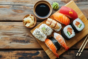 A mouthwatering tray of japanese delicacies, including a wooden platter of sushi rolls, gimbap, and sashimi, adorned with chopsticks and a side of soy sauce, presented on a table set with traditional