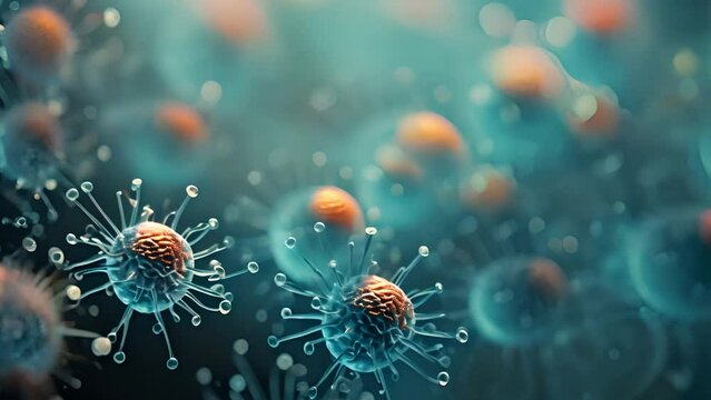 Virus Cells flowing concept. Close-up of dissolving virus under microscope. The flu or SARS-CoV-2 COVID-19 pandemic cure or vaccination concept. Realistic high quality medical 3d animation. Antibodies