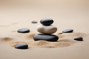 Fototapeta na wymiar Tranquil Zen Pebbles on Sandy Beach Generative AI
