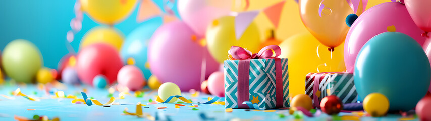 Surrounded by vibrant balloons and a colorful birthday cake, a party supply gift box awaits with the promise of joy and celebration - obrazy, fototapety, plakaty