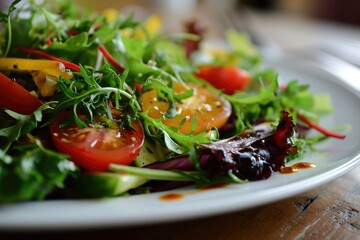 A colorful garden salad bursting with fresh, nutrient-rich ingredients, including juicy cherry tomatoes, crisp lettuce, and aromatic arugula, topped with a sprinkle of parsley, all beautifully arrang