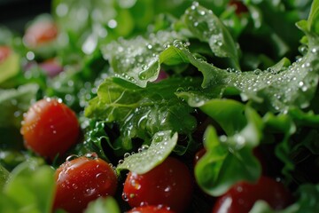 Vibrant cherry tomatoes nestled among lush green leaves, promising a delicious and wholesome...
