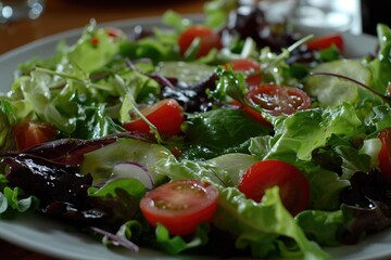 Fresh from the garden, this colorful spinach salad with cherry tomatoes and leafy lettuce is a vegetarian's delight, packed with natural produce and superfood greens for a nourishing meal