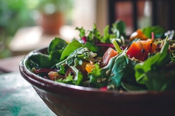 A vibrant spinach salad, bursting with fresh garden produce and topped with fragrant herbs, sits...