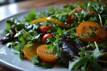 An enticing garden salad bursting with fresh leafy greens, juicy cherry tomatoes, and a sprinkling of gremolata, creating a flavorful vegan superfood dish that celebrates natural produce and nourishe