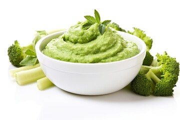 Bowl with green vegetable puree isolated on white background