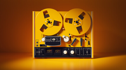 Vintage reel to reel audio analog tape recorder technology equipment yellow orange object 3d illustration render digital rendering - 702422204