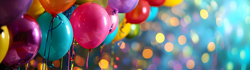 Vibrant balloons of various hues illuminate the party scene, adding a burst of color and playful energy to the festivities - obrazy, fototapety, plakaty