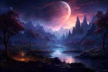 Foto op Canvas Beautiful purple and blue landscape background for presentation with the moon or planet © Denis