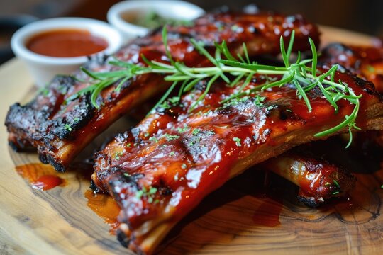Indulge in the mouthwatering flavors of succulent, slow-roasted ribs drenched in a tangy barbecue sauce and sprinkled with fragrant herbs, showcasing the art of indoor cooking and the fusion of cuisi
