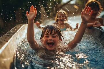 A young girl joyfully splashes in the refreshing pool water, surrounded by the bright outdoor sun, while a boy playfully joins in on the fun at the leisure centre