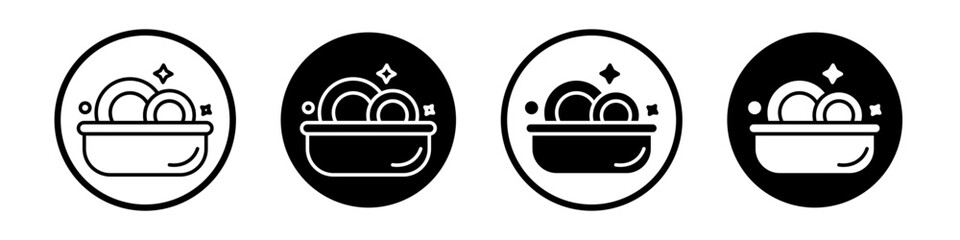 Plate washing icon set. Food dishwasher machine vector symbol in a black filled and outlined style. dish wash with water sign. - obrazy, fototapety, plakaty
