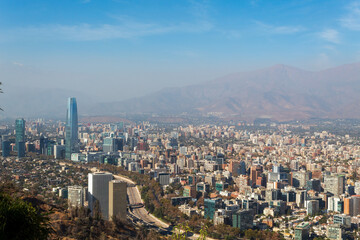aerial view Santiago Metropolitan Park Cable Car and Santiago aerial skyline Chile