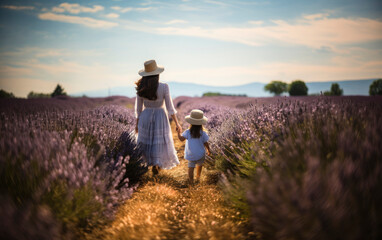 mother and daughter walk in a lavender field on a sunny day - Powered by Adobe