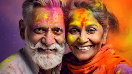 Obraz premium Smiling senior couple with faces joyfully painted, celebrating Holi, showcasing their shared happiness and culture