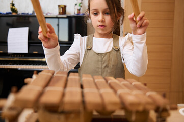 Adorable little girl playing wooden xylophone at home