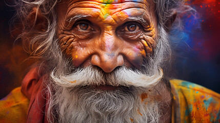 Seasoned face telling tales of many Holi festivals, colors accentuating his wise, joyful gaze