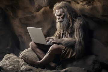 Fototapeta premium Primitive man sitting in the cave and trying to typing on the laptop