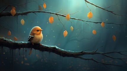 Lone Perch: A Cute Bird Sitting Alone on a Branch, a Serene Portrait of Nature's Tranquility - AI Generative
