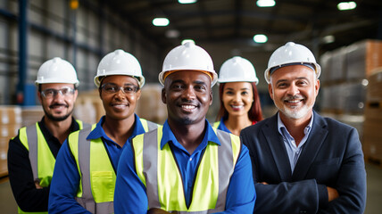 Portrait group of multicultural industry workers working in factory warehouse.