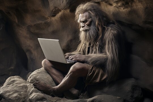Primitive man sitting in the cave and trying to typing on the laptop