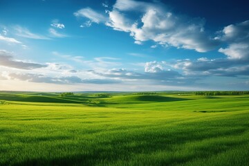 Obraz premium Green landscape field with blue sky background