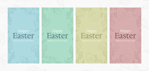 Happy easter color cards set with cute easter eggs, spring flowers in pastel colors on light green, pink, blue and beige background. Easter watercolor posters, covers, labels templates set