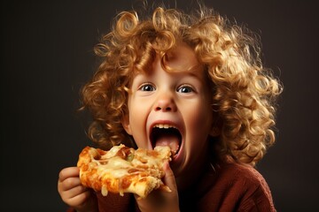 Smiling Little Boy Eating Delicious Pizza with Empty Copy Space for Text and Advertising Campaign - obrazy, fototapety, plakaty