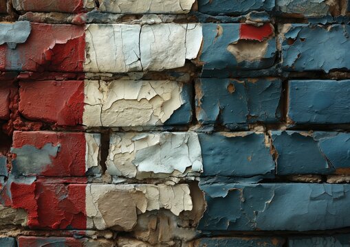 A monochromatic image showcasing the French flag painted on a weathered brick wall, with peeling pai